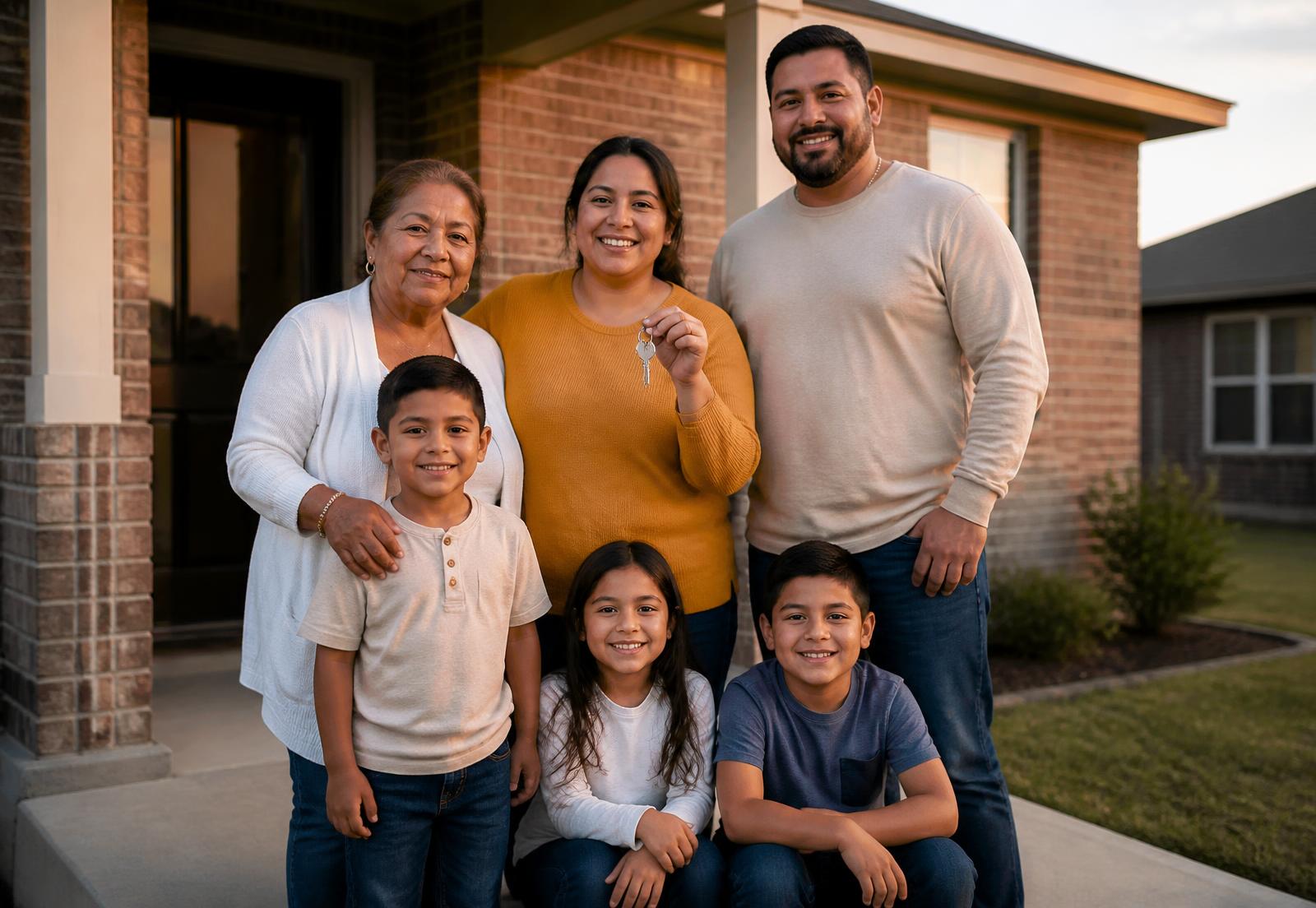 A multigenerational Texas family holding the keys to their new home on the front porch