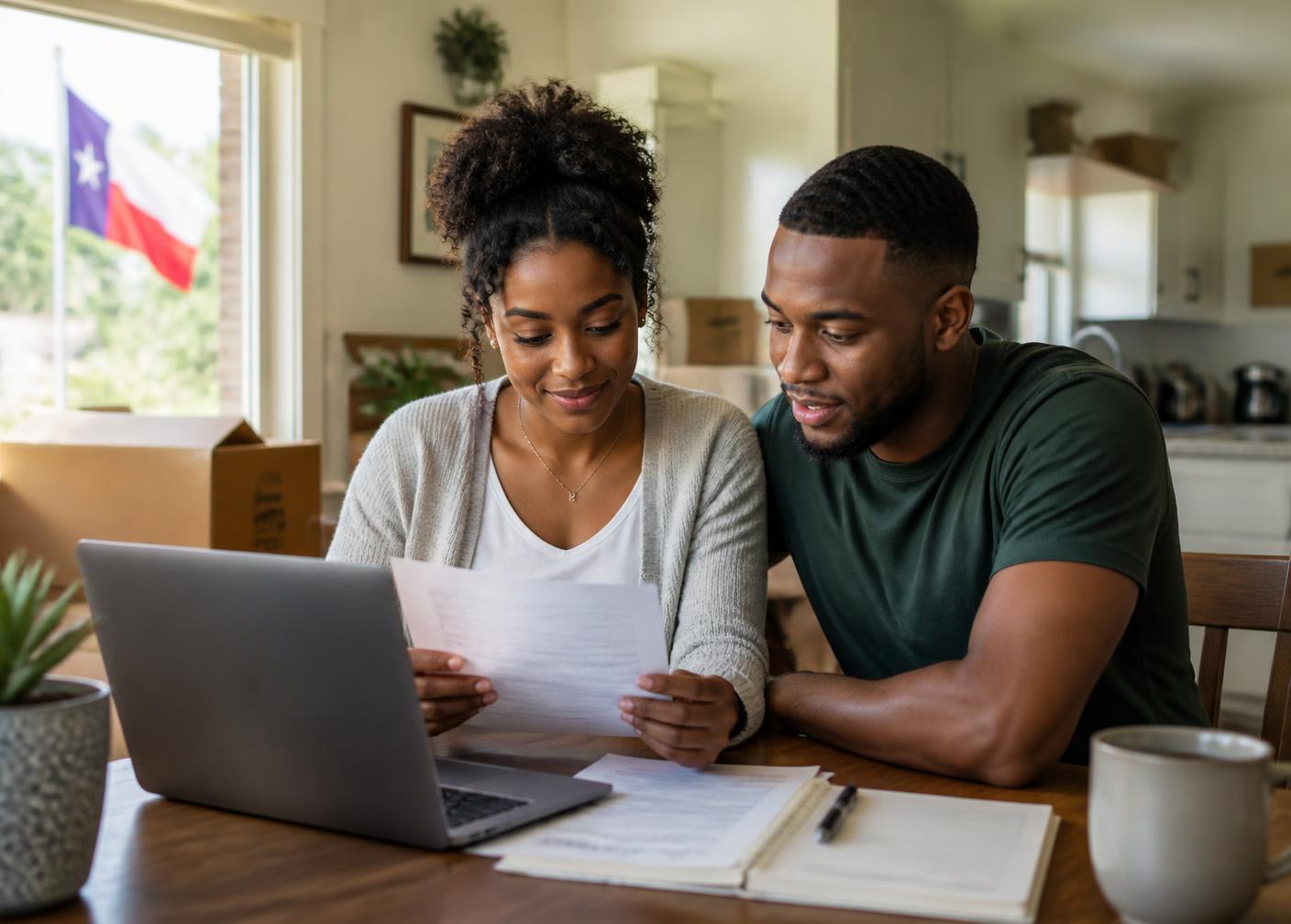 A couple reviewing FHA mortgage paperwork at their kitchen table
