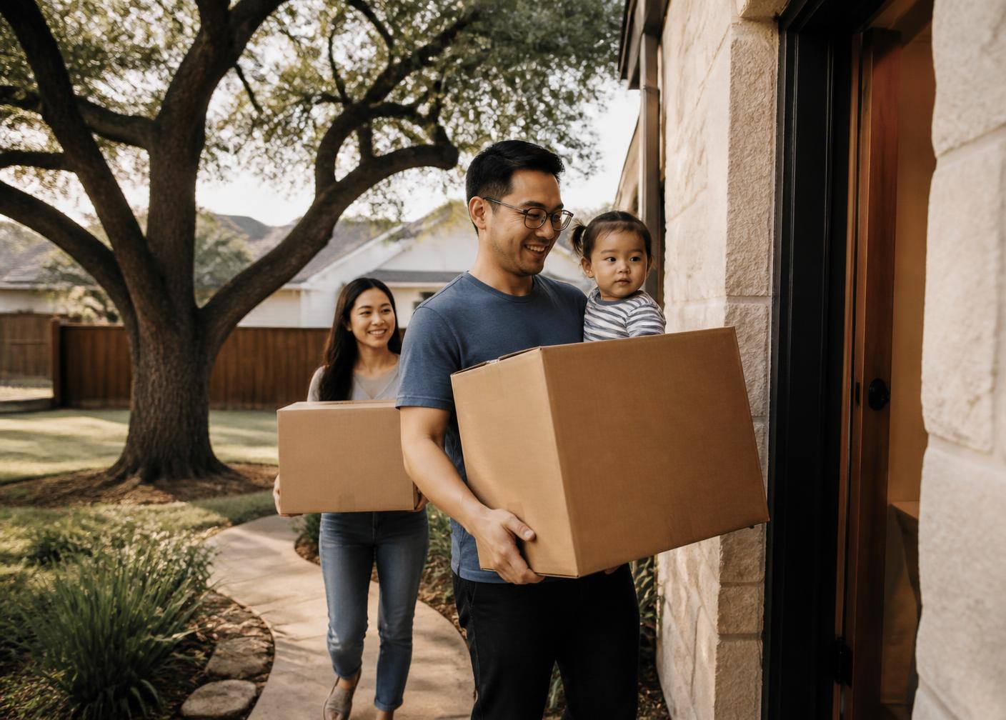 A family carrying moving boxes into their new Texas home